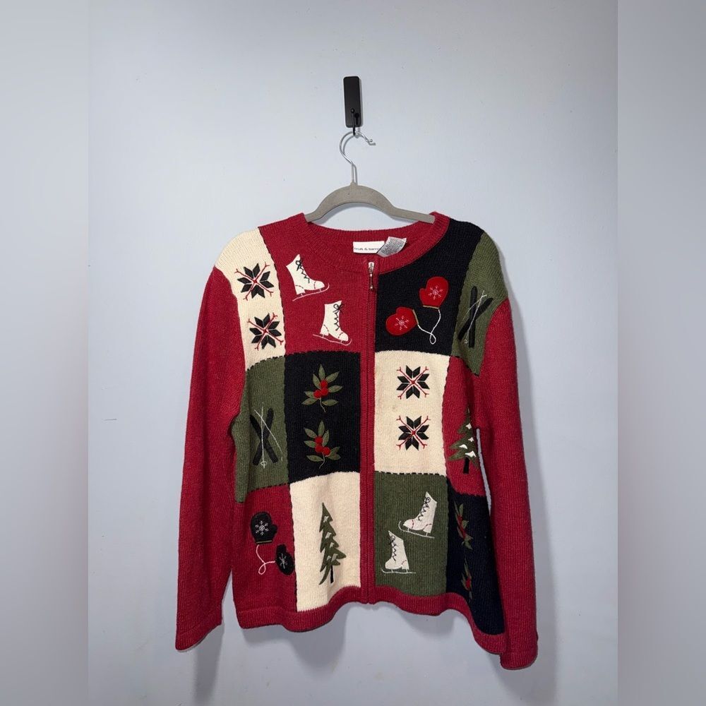 Croft & Barrow VTG Womens Full Zip Wool embroidered holiday Cardigan Sweater XL